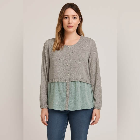 🌼LOGO by Lori Goldstein Colorblock Ditsy Floral Button Down Ruffle Top🌼 - Picture 7 of 7